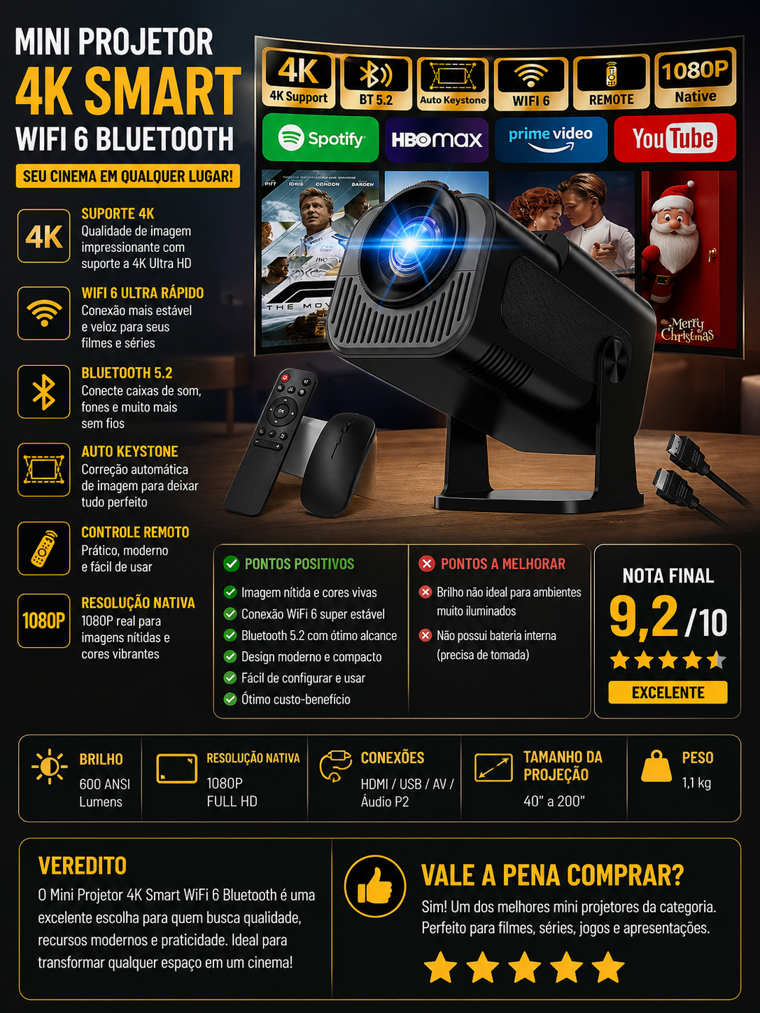 mini projetor 4k smart wifi 6 para uso residencial