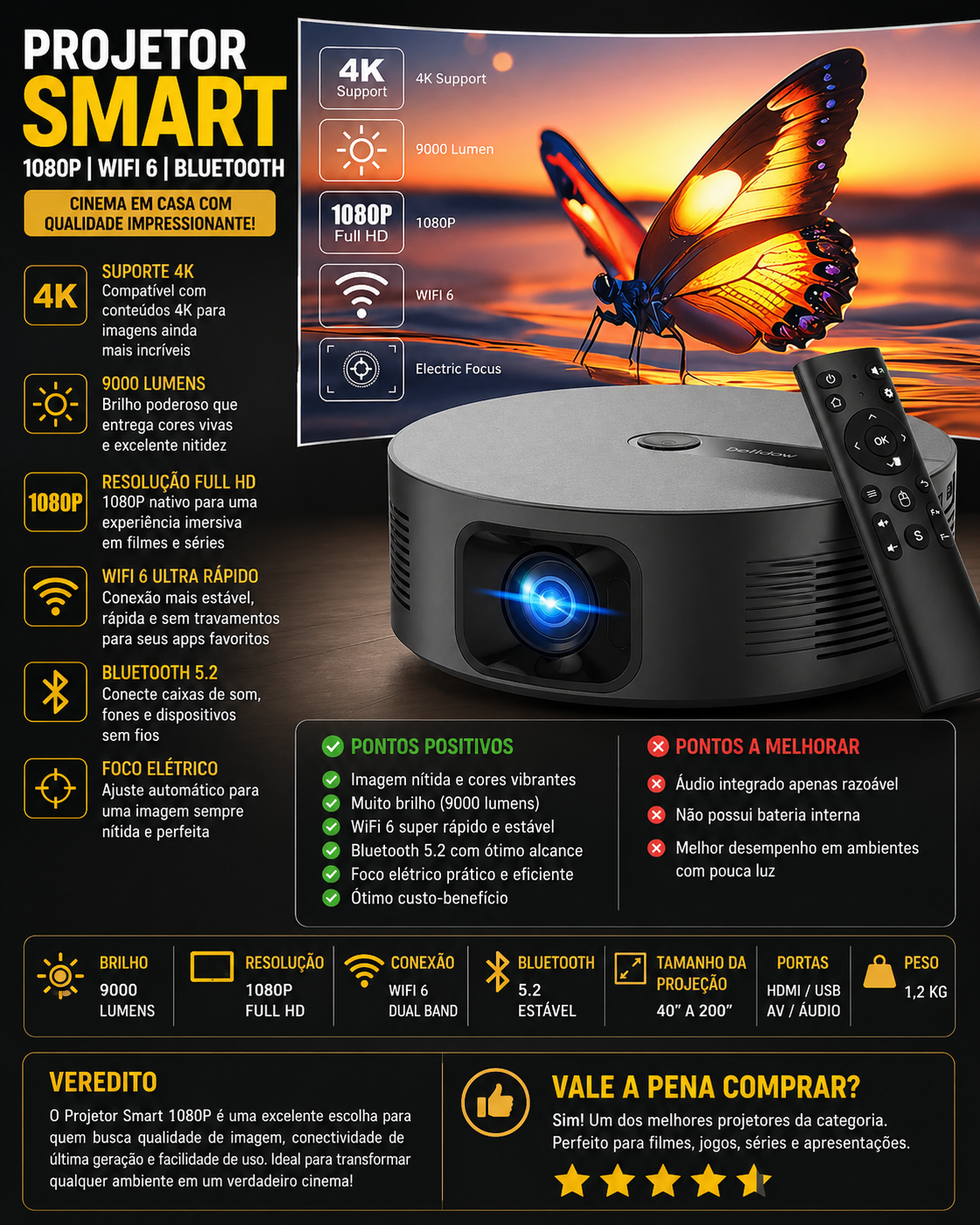 projetor smart 1080p com wifi 6 e bluetooth