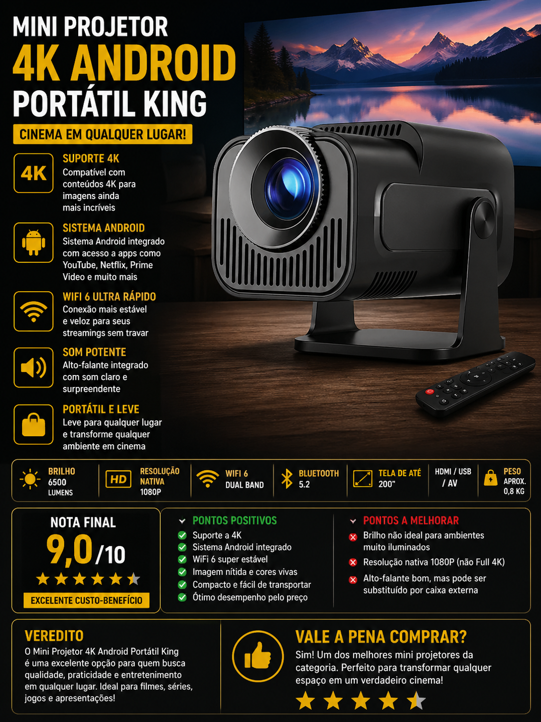 mini projetor 4k android portatil king