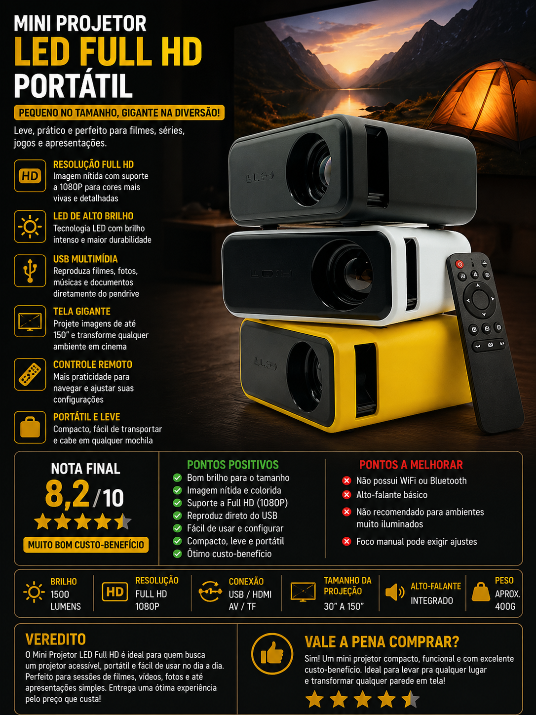 mini projetor led usb full hd para uso simples
