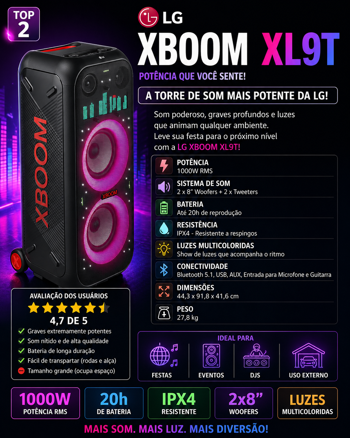 lg xboom xl9t torre de som com bateria longa