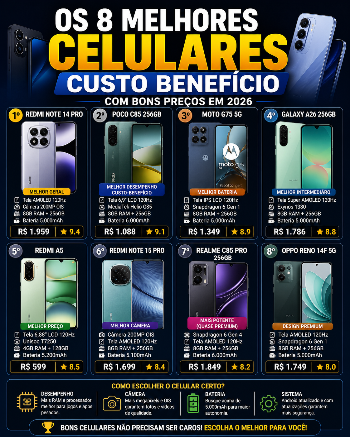 Melhores Celulares Custo-Benefício 2026: Os 8 Melhores Modelos para Comprar Agora (Guia Completo e Atualizado)