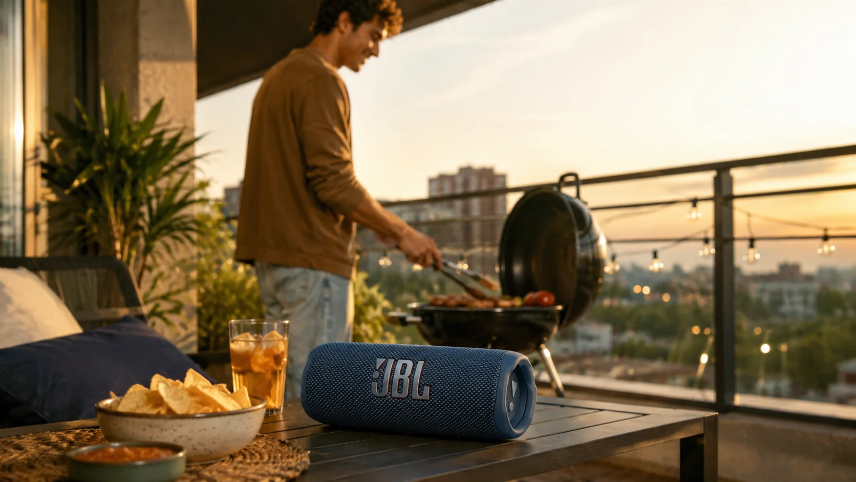 JBL Flip 6 sendo usada em churrasco pequeno.