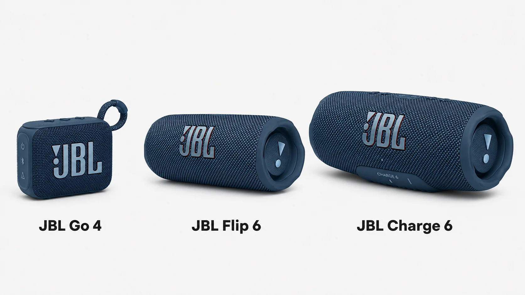 Comparativo entre JBL Go 4 JBL Flip 6 e JBL Charge 6.