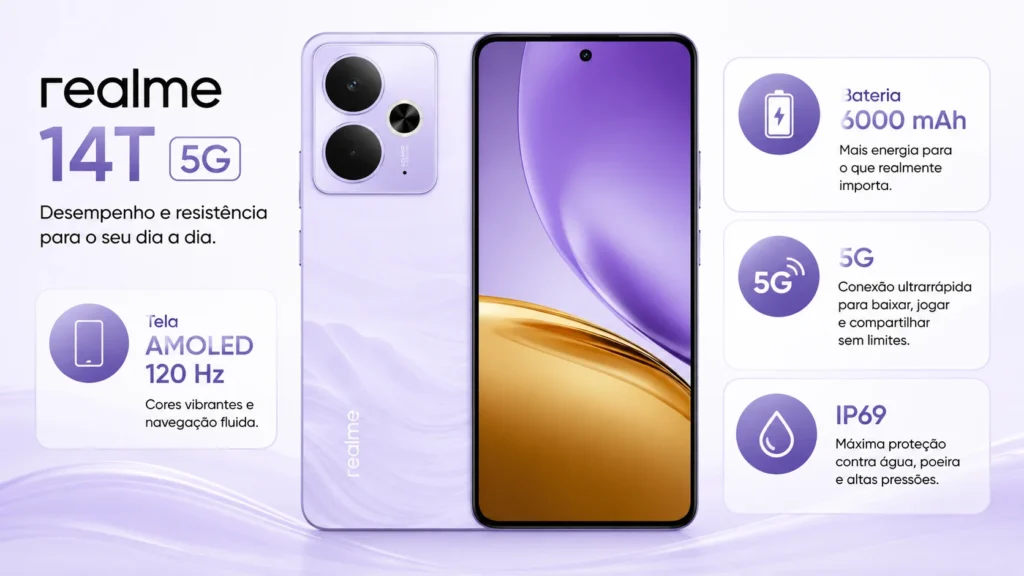 principais pontos fortes do realme 14T 5G em imagem comparativa