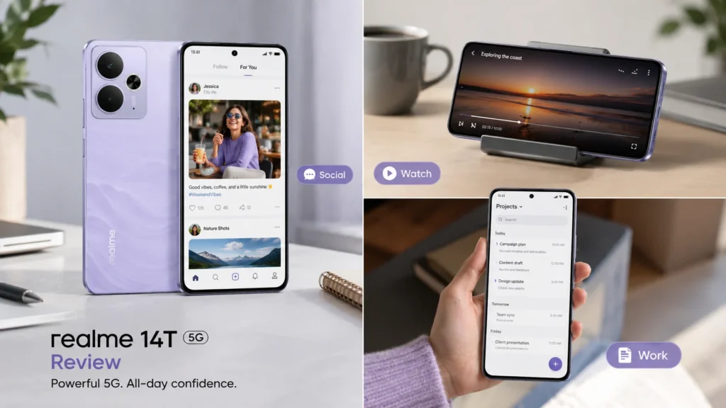 realme 14T 5G sendo usado para redes sociais e trabalho no dia a dia