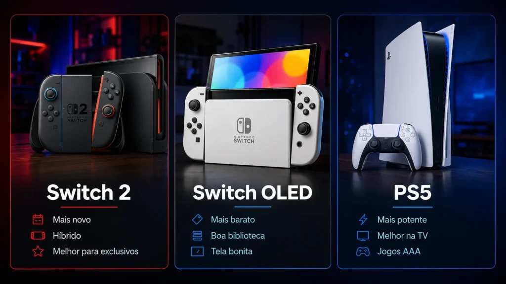 Comparação visual entre Nintendo Switch 2, Nintendo Switch OLED e PlayStation 5