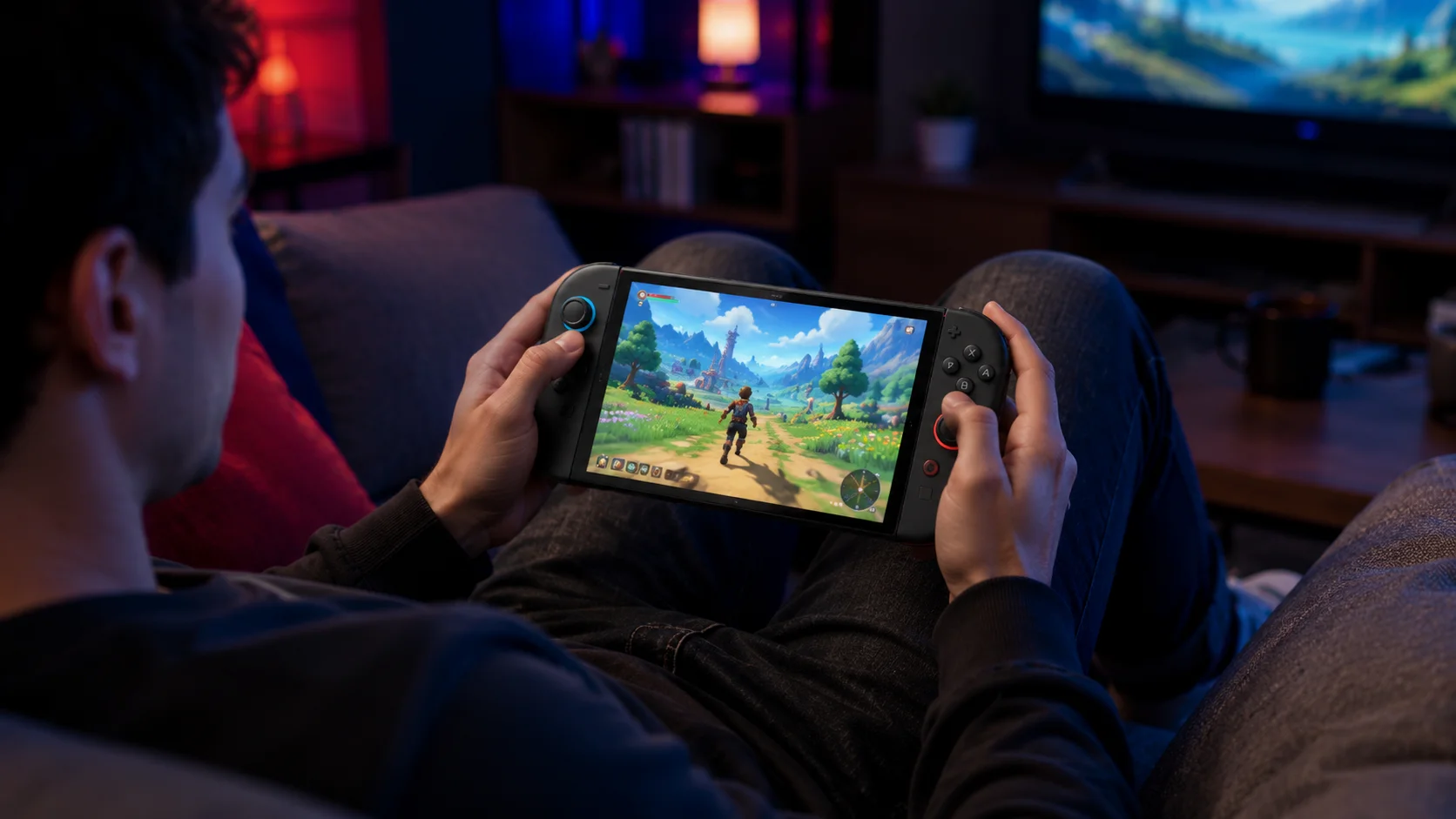 Pessoa jogando Nintendo Switch 2 no modo portátil sentada no sofá em uma sala gamer