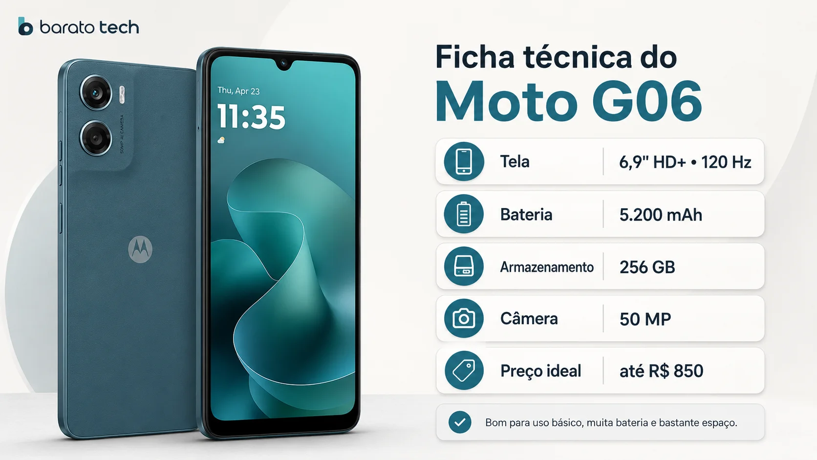 Ficha técnica do Moto G06 com tela de 6,9 polegadas, bateria de 5200 mAh, 256 GB e câmera de 50 MP