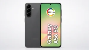 Samsung Galaxy A56 5G em imagem promocional 16:9 com tela Super AMOLED e câmera tripla traseira