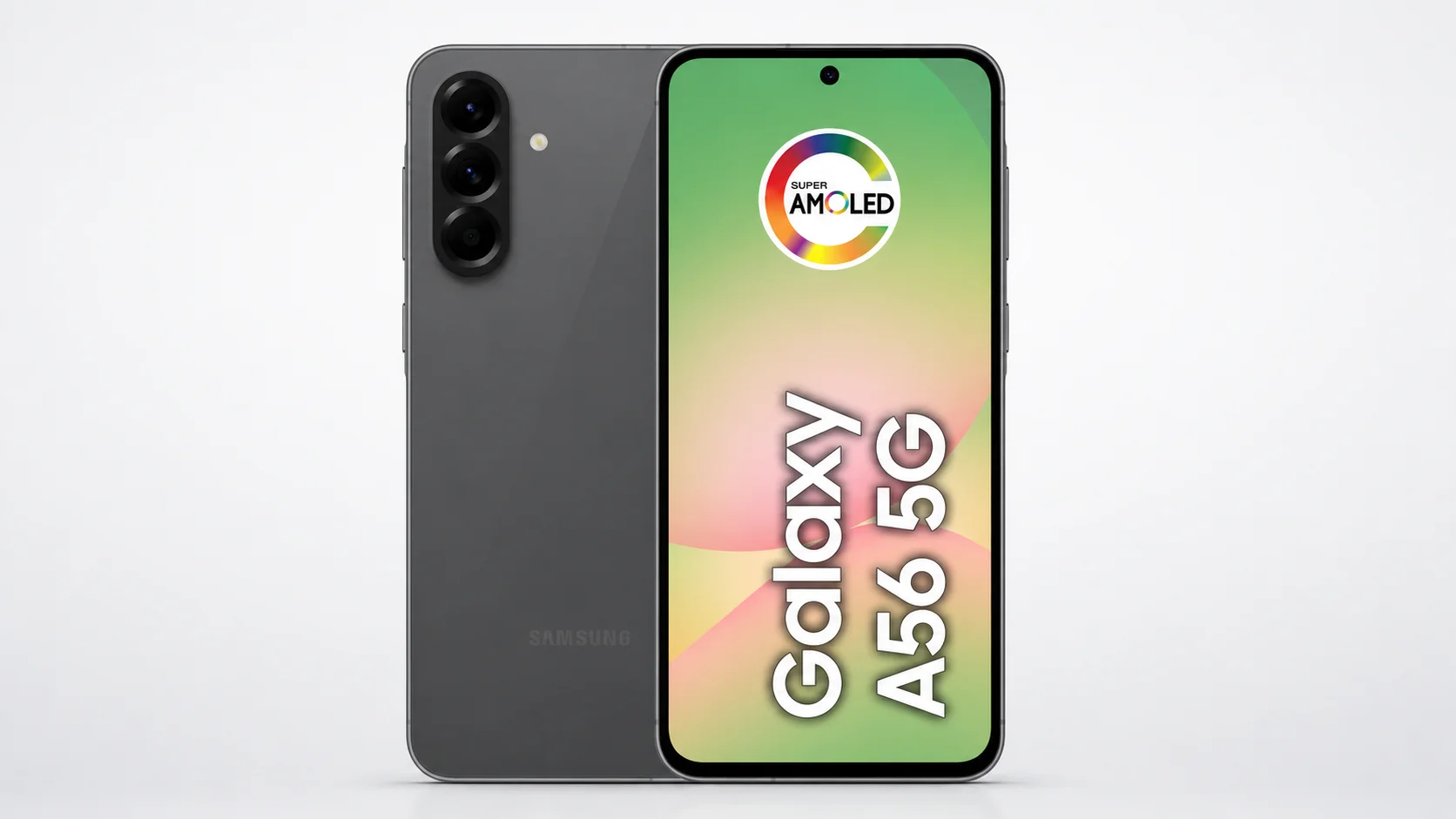 Samsung Galaxy A56 5G em imagem promocional 16:9 com tela Super AMOLED e câmera tripla traseira
