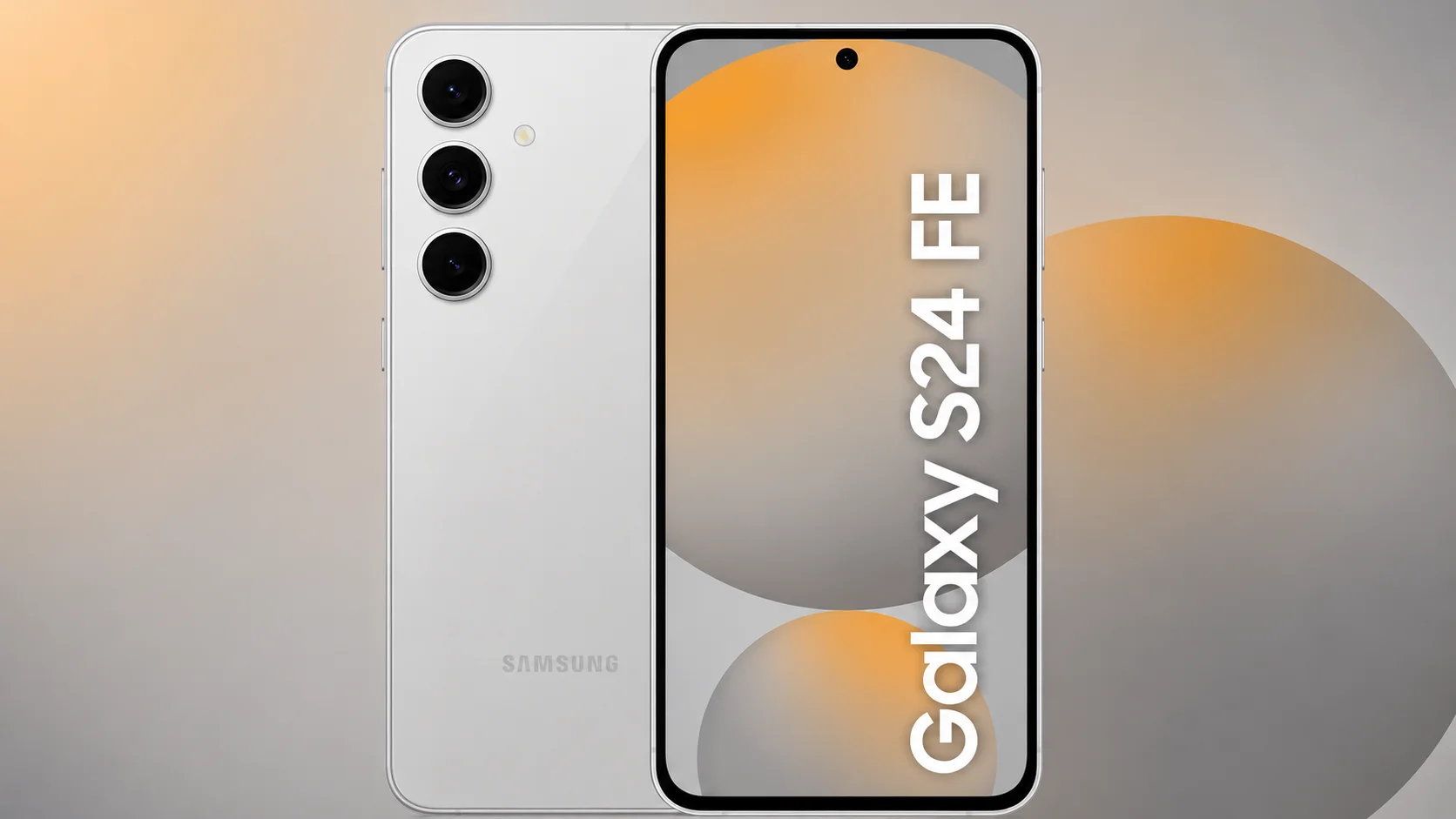 Samsung Galaxy S24 FE em imagem promocional 16:9 com design branco, câmera tripla e tela grande
