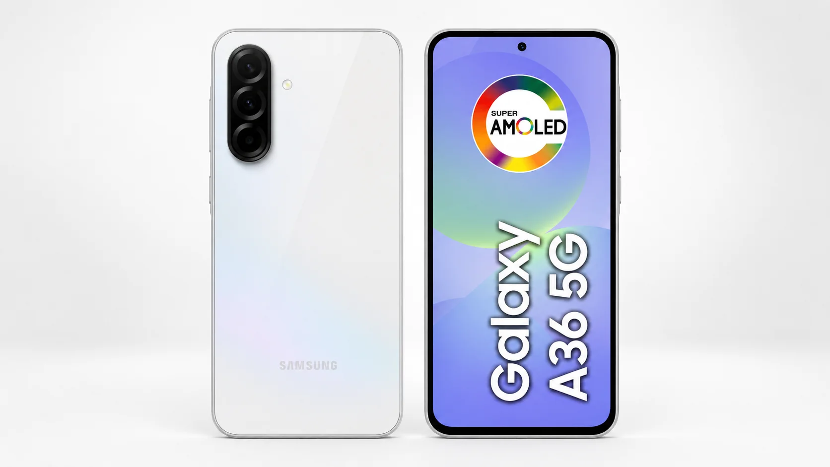 Samsung Galaxy A36 5G em imagem promocional 16:9 com tela Super AMOLED e câmera traseira tripla