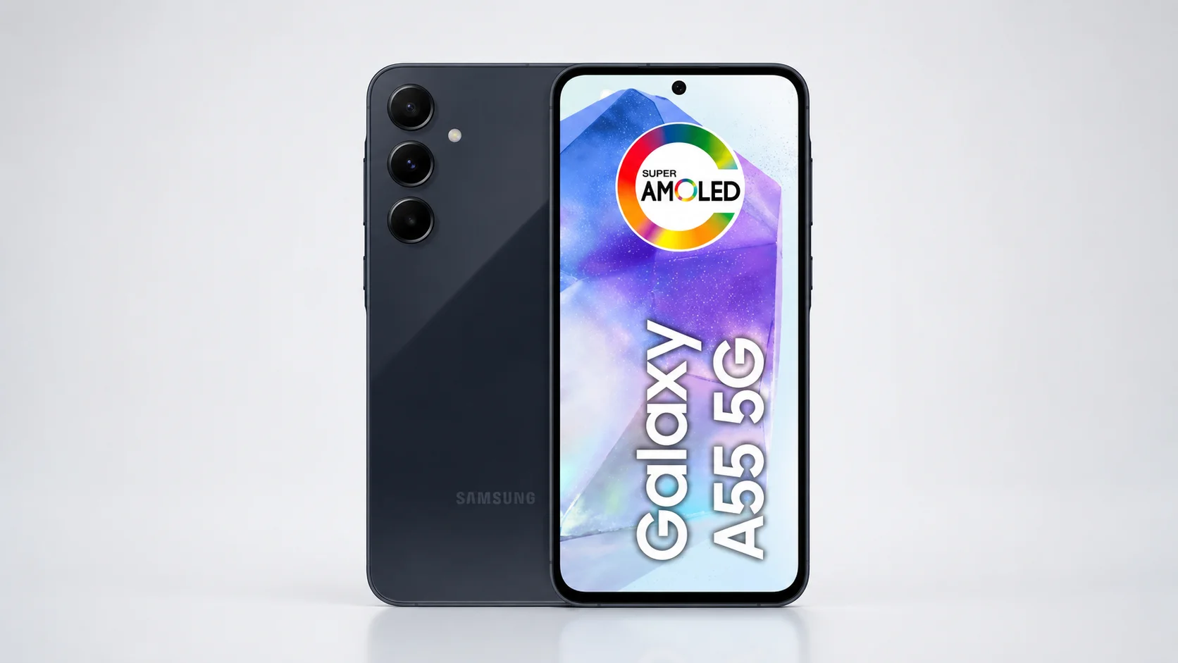 Samsung Galaxy A55 5G em imagem promocional 16:9 com acabamento escuro, câmera tripla e tela colorida