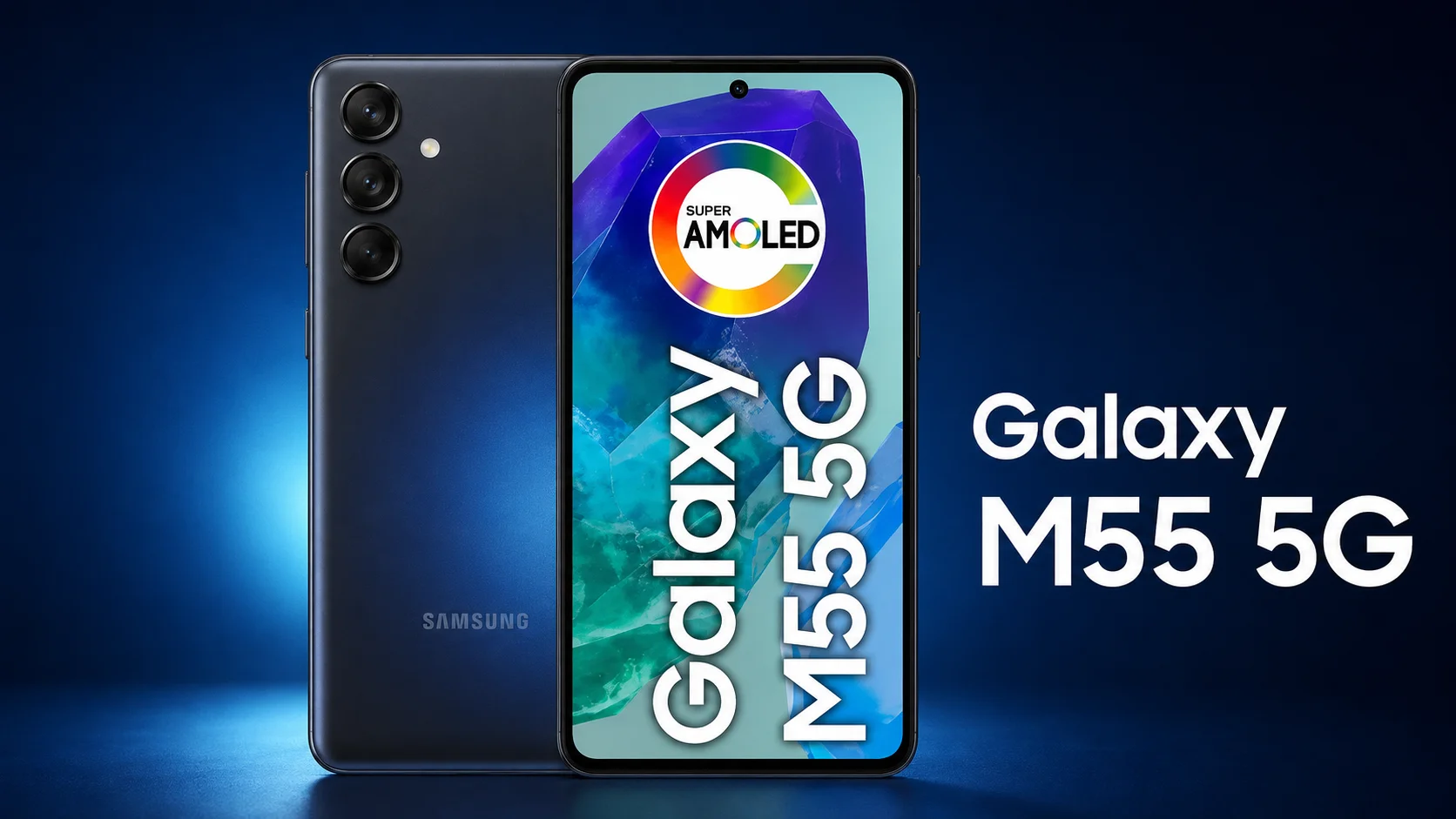 Samsung Galaxy M55 5G em imagem promocional 16:9 com fundo azul, tela Super AMOLED e câmera tripla