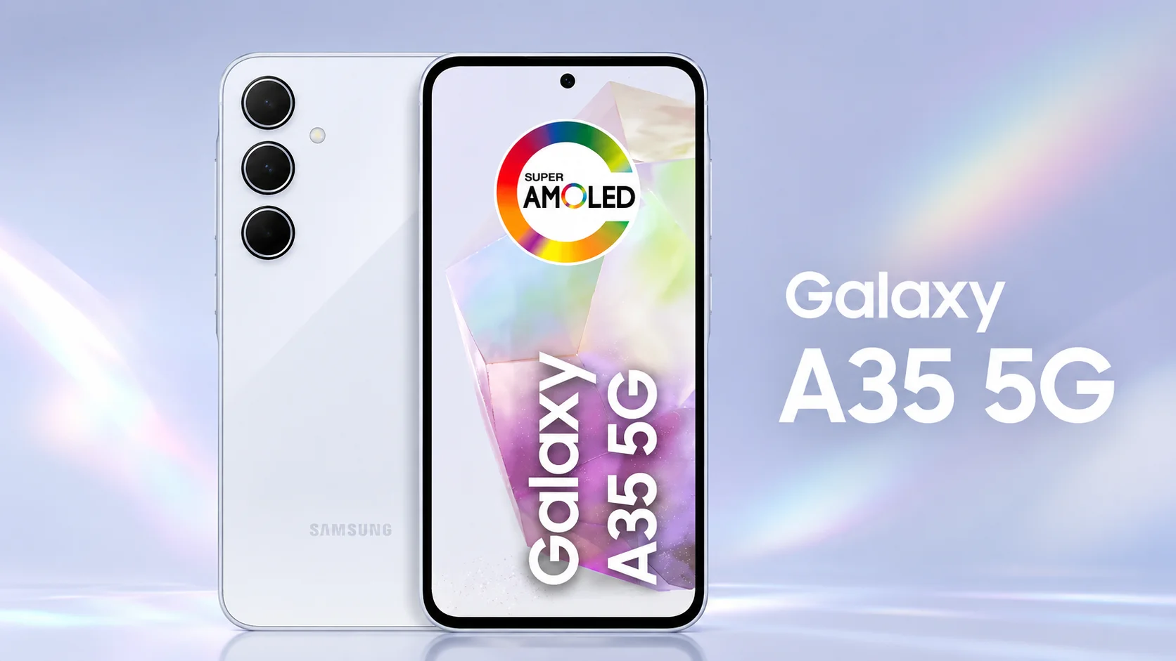 Samsung Galaxy A35 5G em imagem promocional 16:9 com design branco, tela Super AMOLED e câmera tripla
