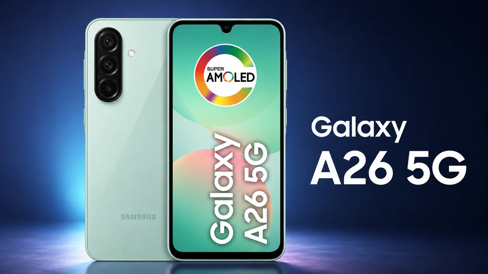 Samsung Galaxy A26 5G em imagem promocional 16:9 com design verde, tela Super AMOLED e câmera traseira tripla