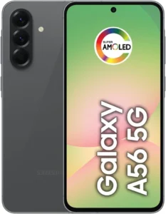 Samsung Galaxy A56 5G em imagem promocional 16:9 com tela Super AMOLED e câmera tripla traseira