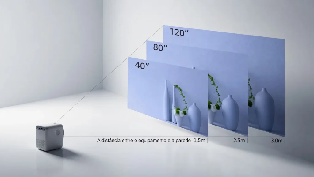 Comparação entre TV grande e projetor portátil para cinema em casa.