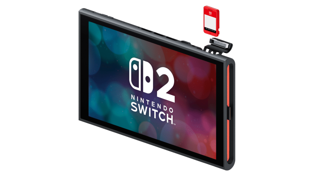 Nintendo Switch 2 em destaque com controles Joy-Con e jogos ao fundo.