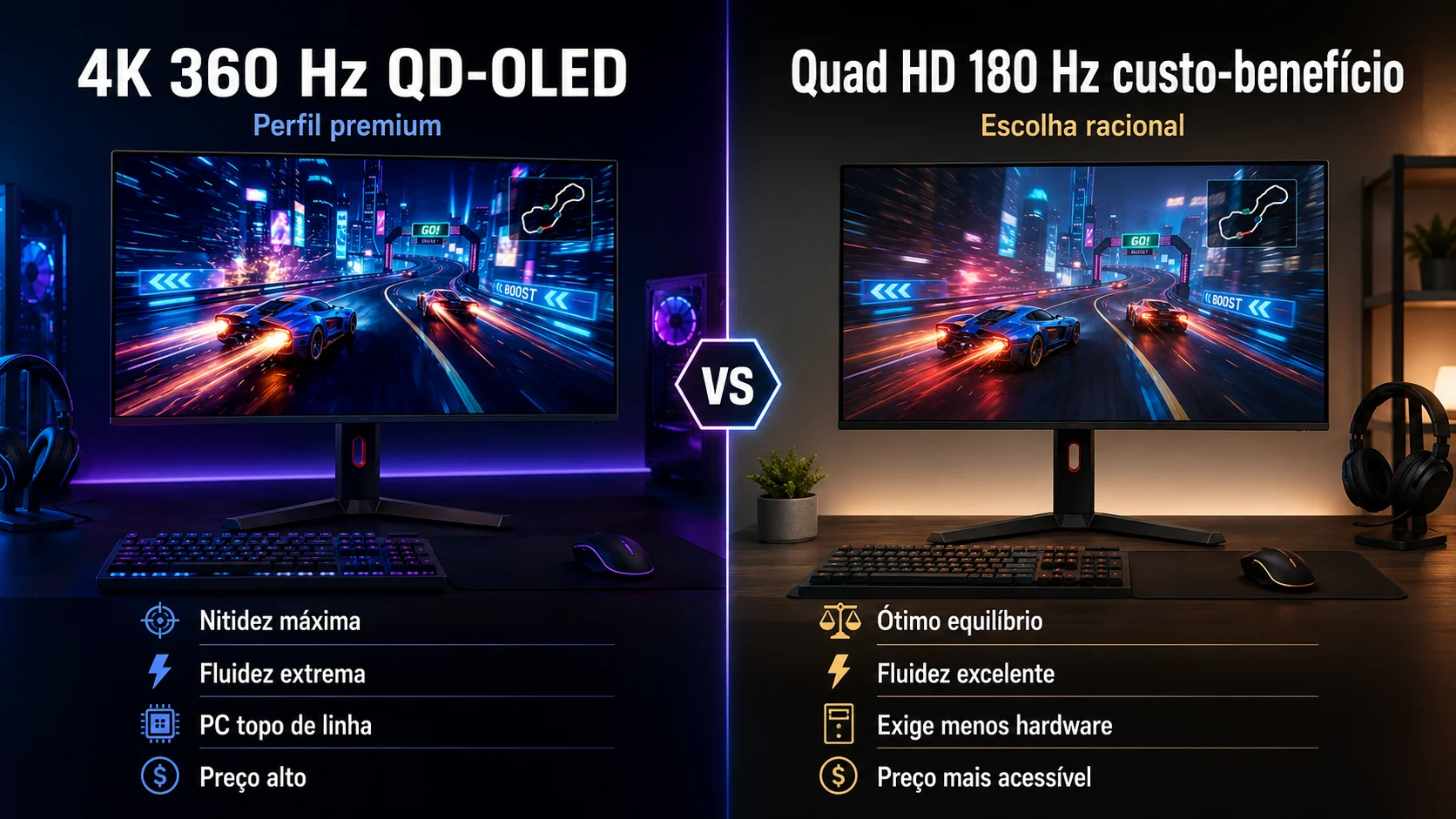 Comparação entre monitor 4K 360 Hz e monitor Quad HD custo-benefício