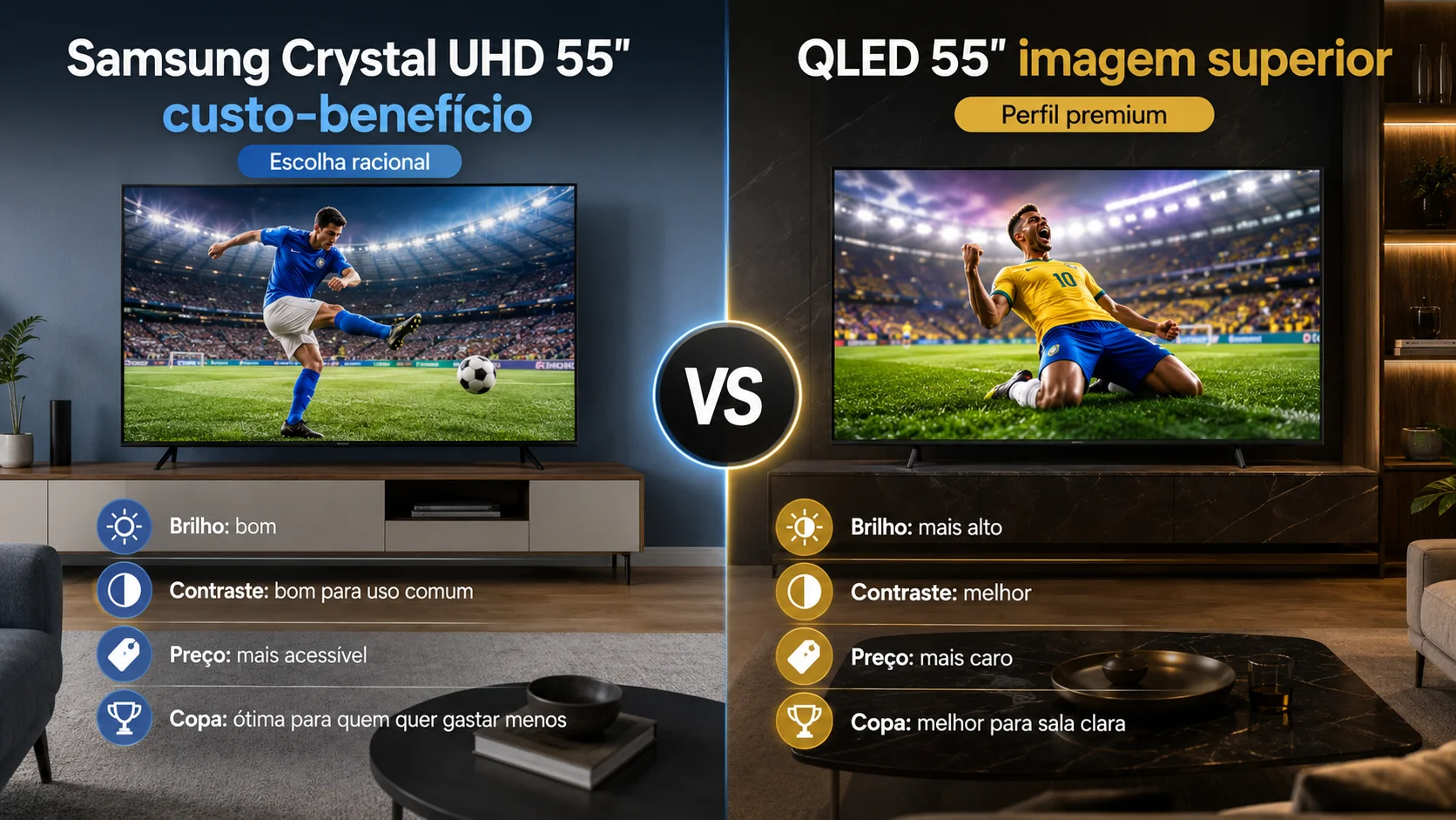 Comparação entre TV Samsung Crystal UHD 55 polegadas e TV QLED 55 polegadas