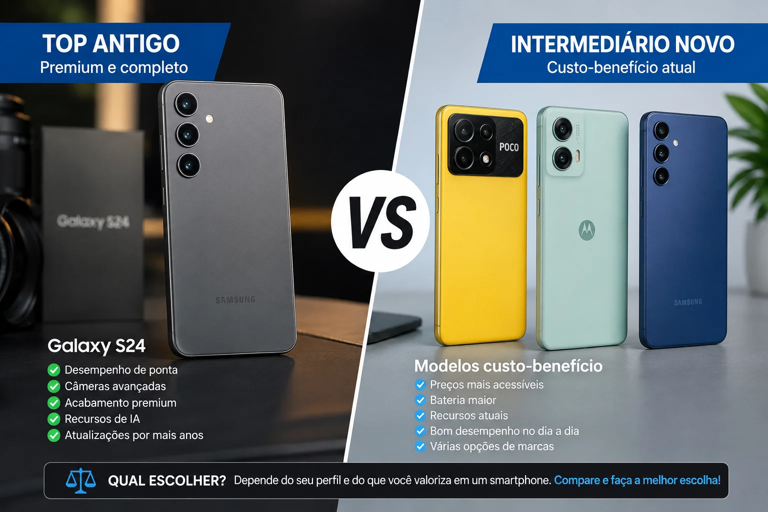 Galaxy S24 comparado com celulares intermediários em 2026