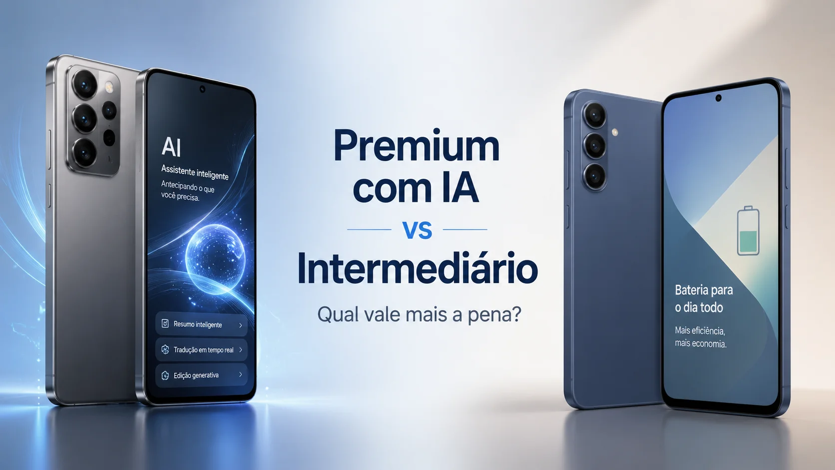 Comparativo entre celular com IA premium e intermediário custo-benefício