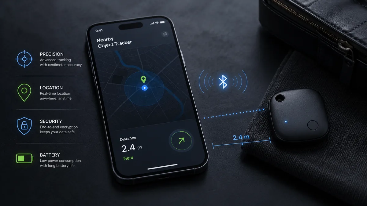 Bluetooth Channel Sounding mostrando medição precisa de distância entre celular e rastreador