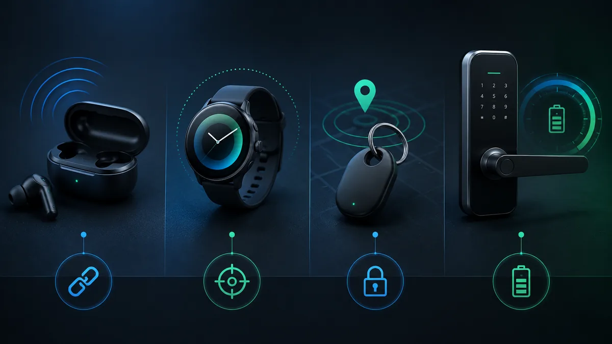 Comparação de produtos com Bluetooth 6 como fone, relógio, rastreador e casa inteligente