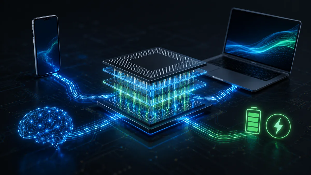 Chip 3D conectado a celular, notebook e IA mostrando impacto futuro nos eletrônicos