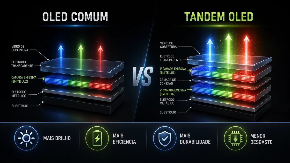 Infográfico mostrando como a tela Tandem OLED usa camadas empilhadas para melhorar brilho e eficiência.
