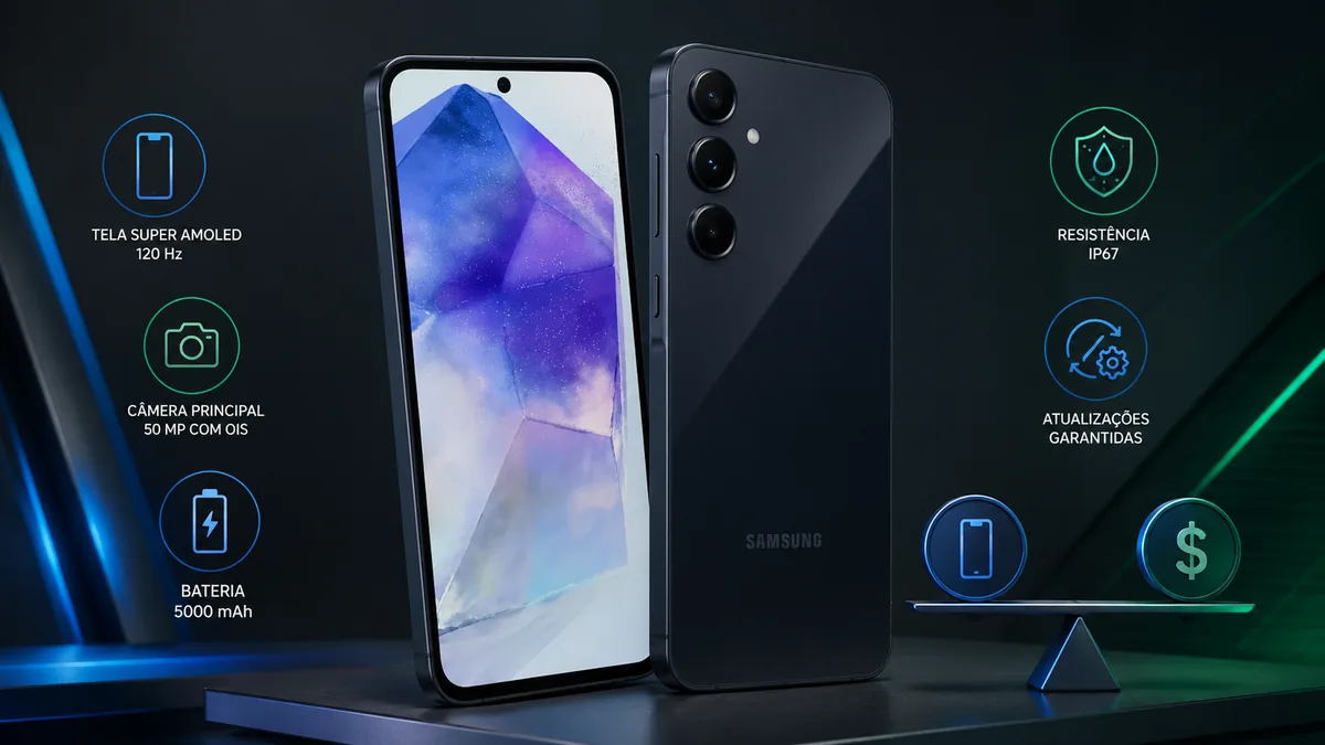 Comparação visual do Galaxy A55 5G como opção equilibrada de custo-benefício