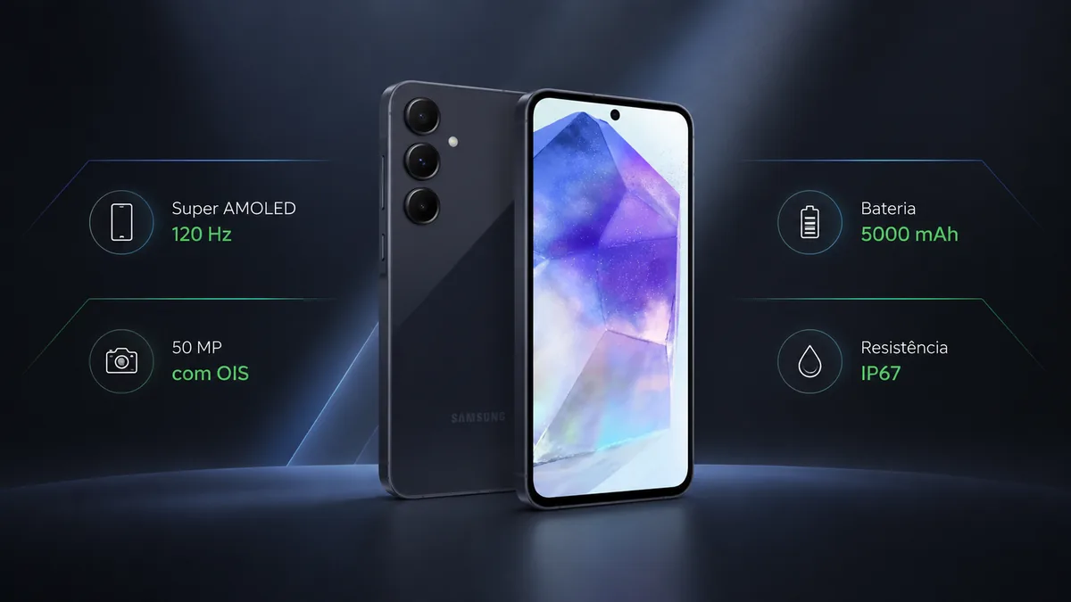 Destaques do Galaxy A55 5G com tela AMOLED, câmera, bateria e IP67