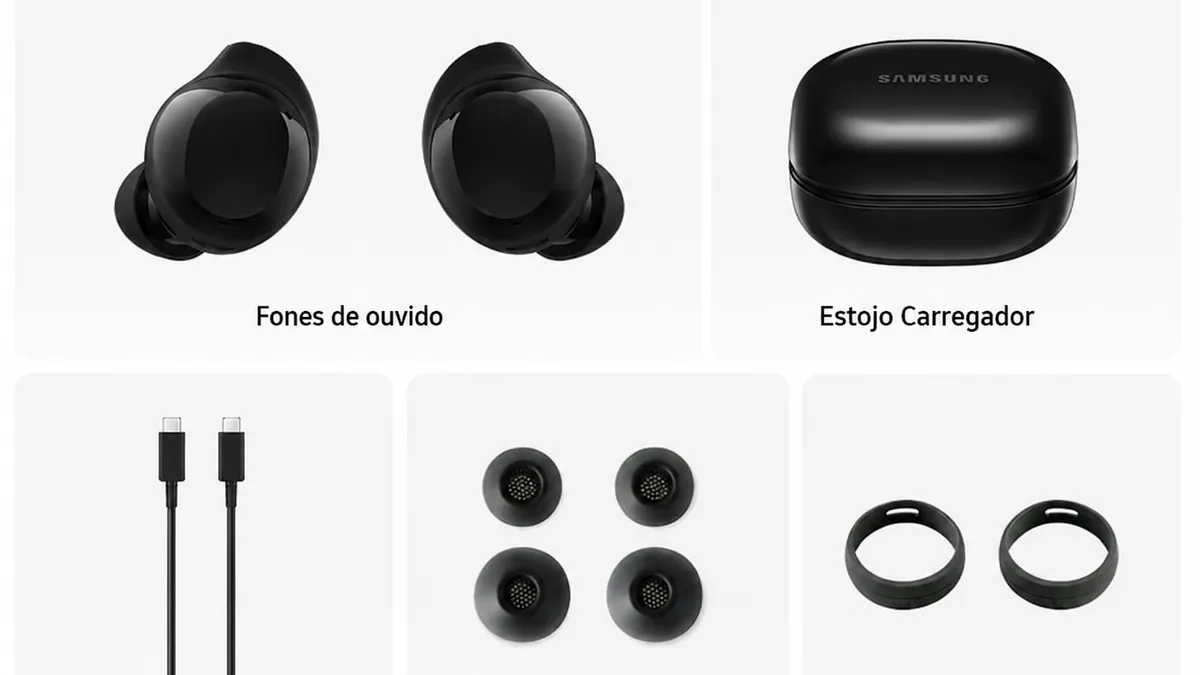 Itens que acompanham o Galaxy Buds Core na caixa, incluindo fones, estojo, cabo USB-C, ponteiras e hastes de apoio.