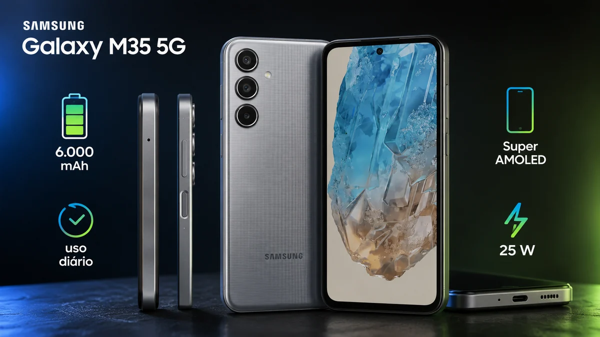 Galaxy M35 5G com destaque para bateria de 6.000 mAh e uso diário.