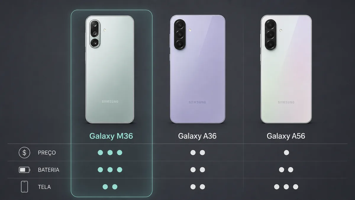 Comparativo visual entre Galaxy M36, Galaxy A36 e Galaxy A56 para escolher o melhor Samsung