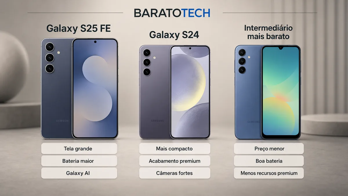 Comparativo entre Galaxy S25 FE Galaxy S24 e celular intermediário