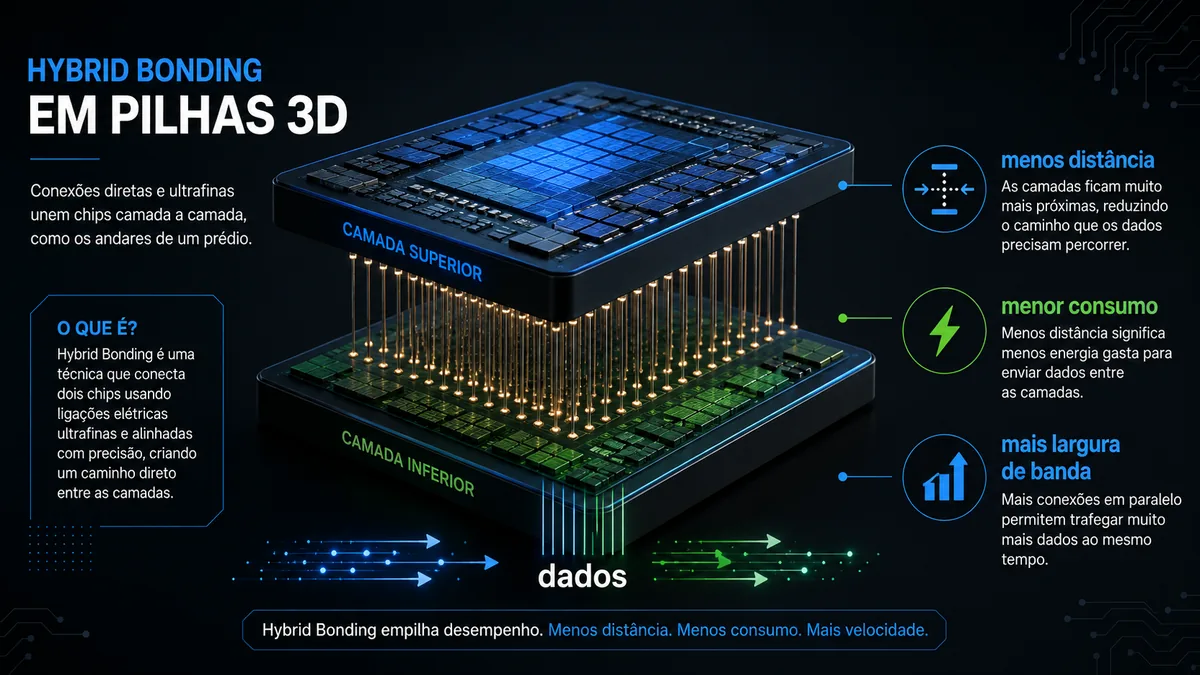 Infográfico explicando hybrid bonding em chip 3D com camadas conectadas