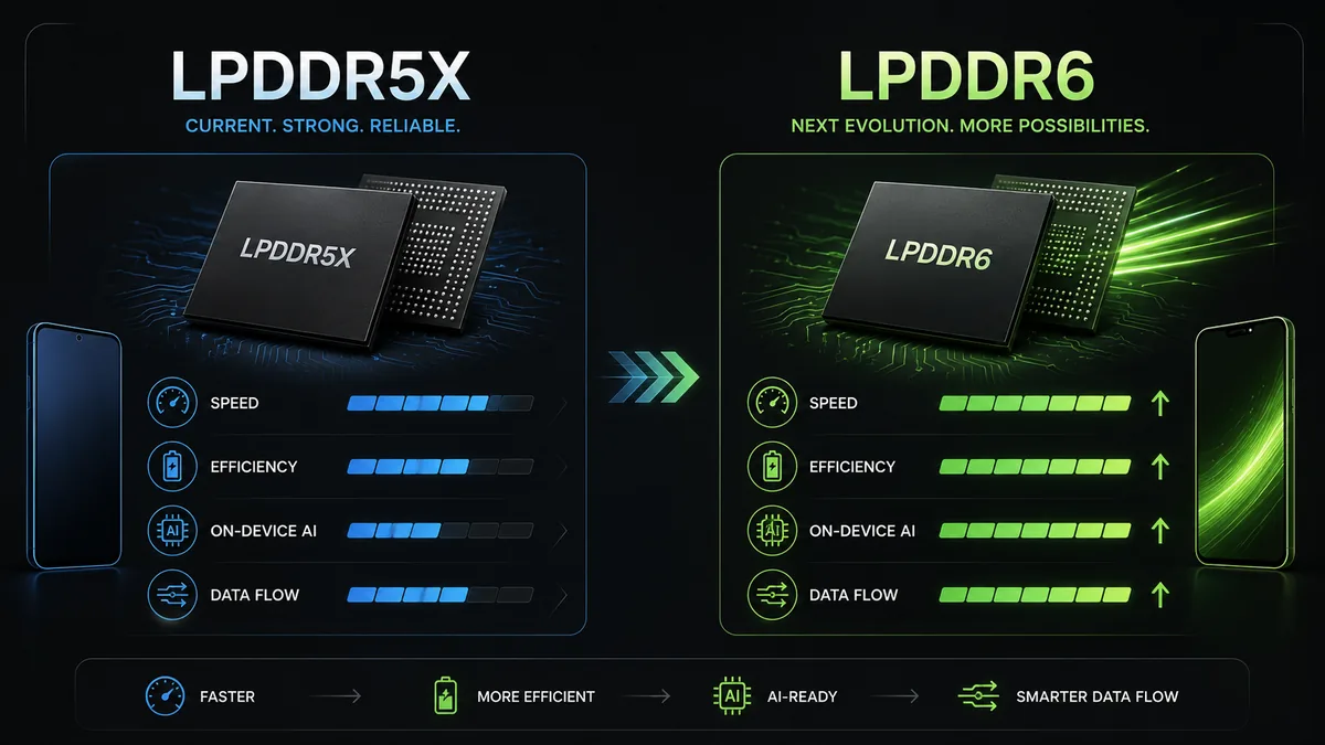 Comparação visual entre LPDDR5X e LPDDR6 em velocidade, eficiência e IA