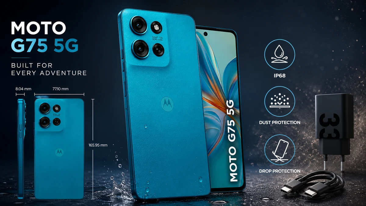 Moto G75 5G com elementos visuais de resistência à água, poeira e quedas.