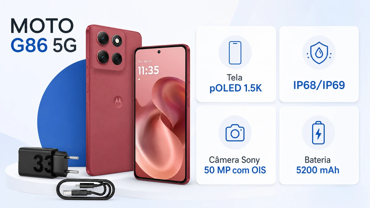Principais pontos fortes do Moto G86 5G com tela pOLED, IP69, câmera Sony e bateria