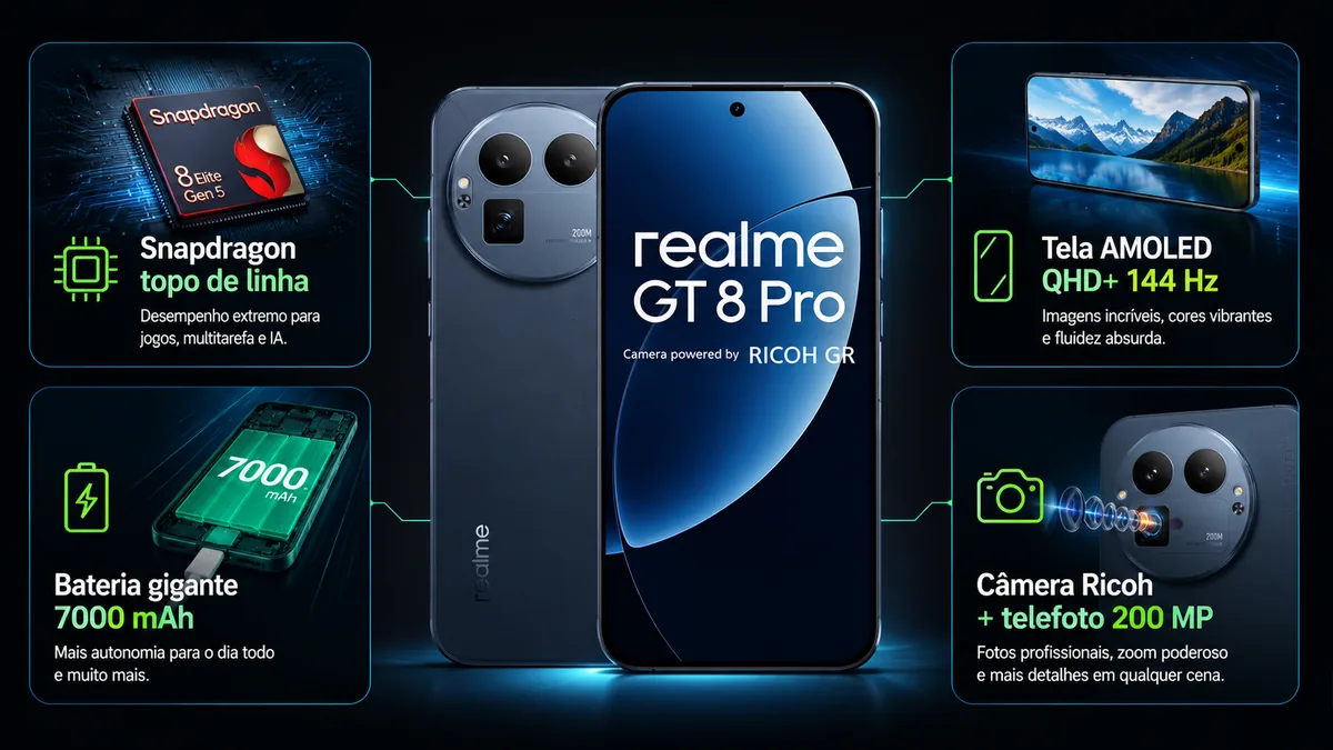Pontos fortes do realme GT 8 Pro com Snapdragon, bateria e câmera Ricoh