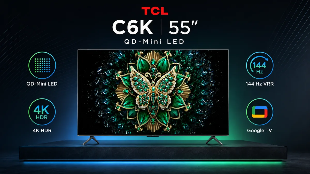Destaques da TCL C6K 55 com QD-Mini LED, 4K, 144 Hz e Google TV