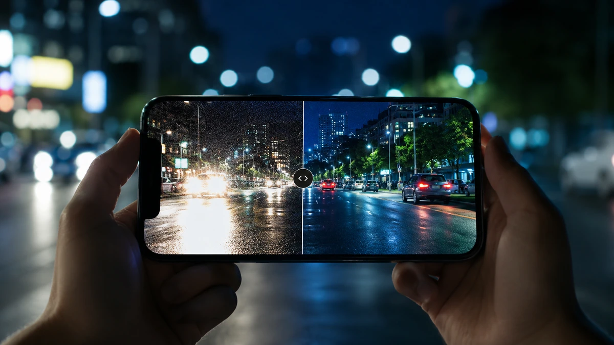 Comparação de câmera de celular em cena noturna com HDR e luz forte
