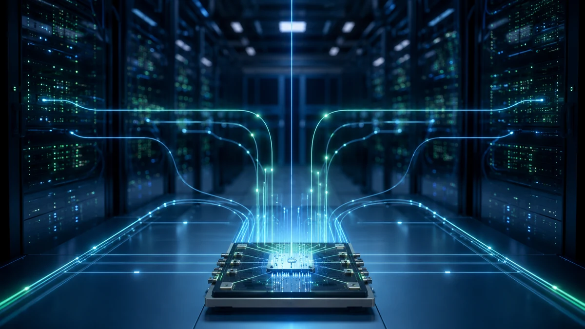 Chip fotônico sincronizando sinais de luz entre servidores de inteligência artificial