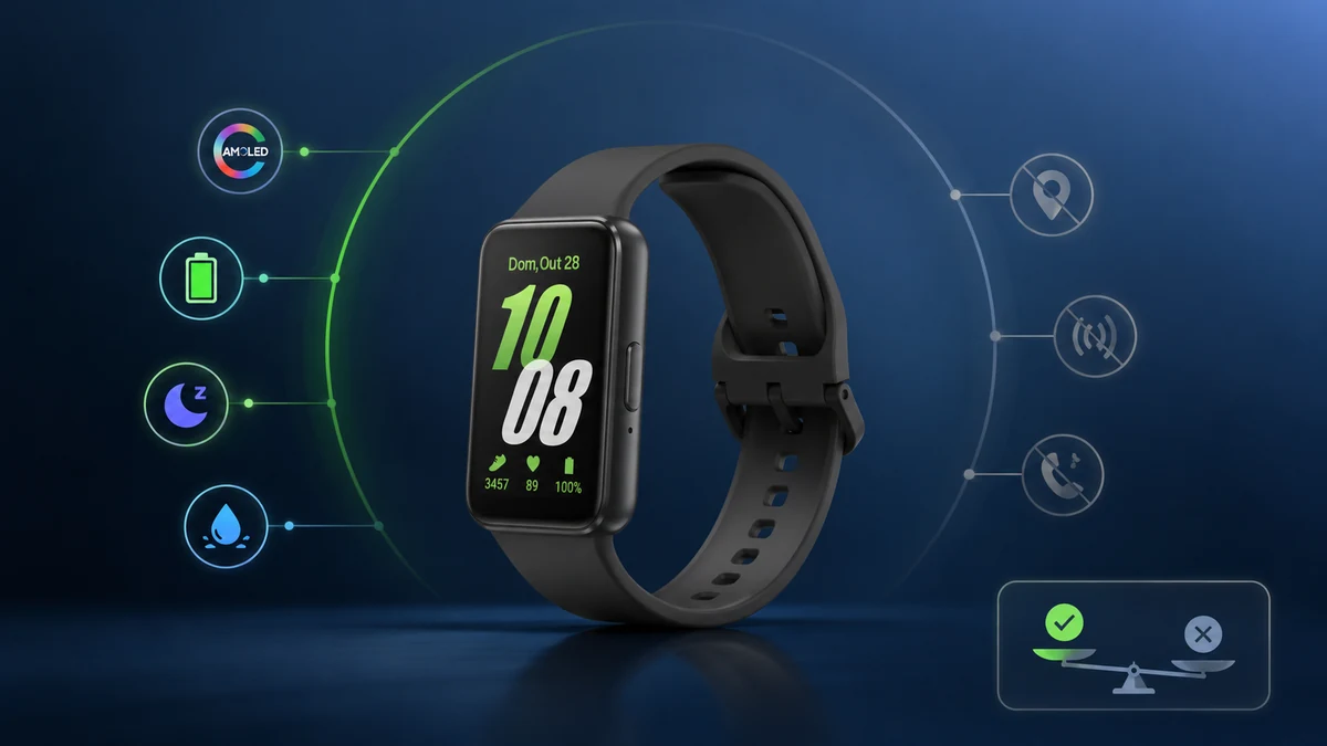 Galaxy Fit3 com representação de vantagens e limitações