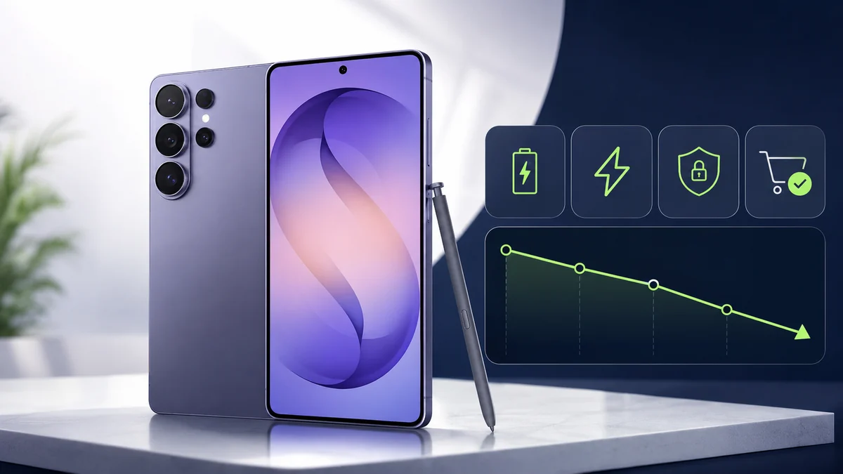 Galaxy S26 Ultra com indicadores de bateria, privacidade e preço ideal