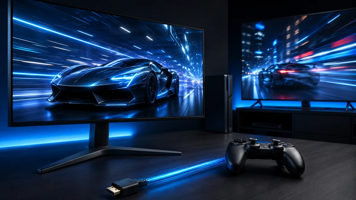 HDMI 2.2 em jogos com TV 4K, monitor gamer e alta taxa de atualização
