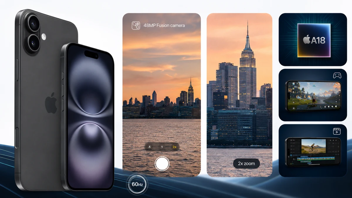 Tela OLED, câmera de 48 MP e chip A18 do iPhone 16